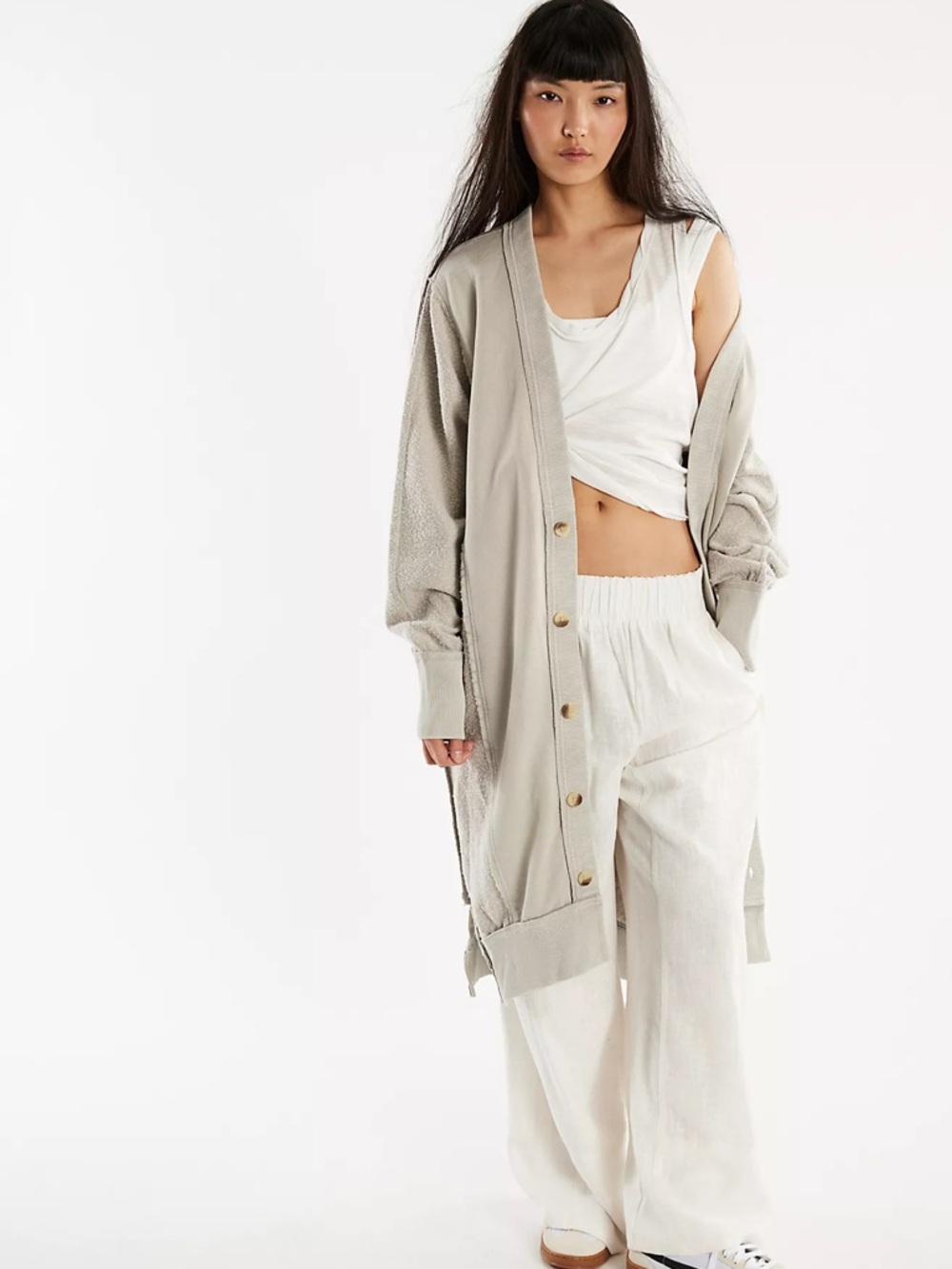 We The Free Long Open-Front Cardigan in Light Gray